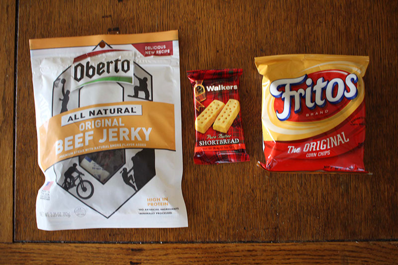 Daily snacks - beef jerky, shortbread, Fritos